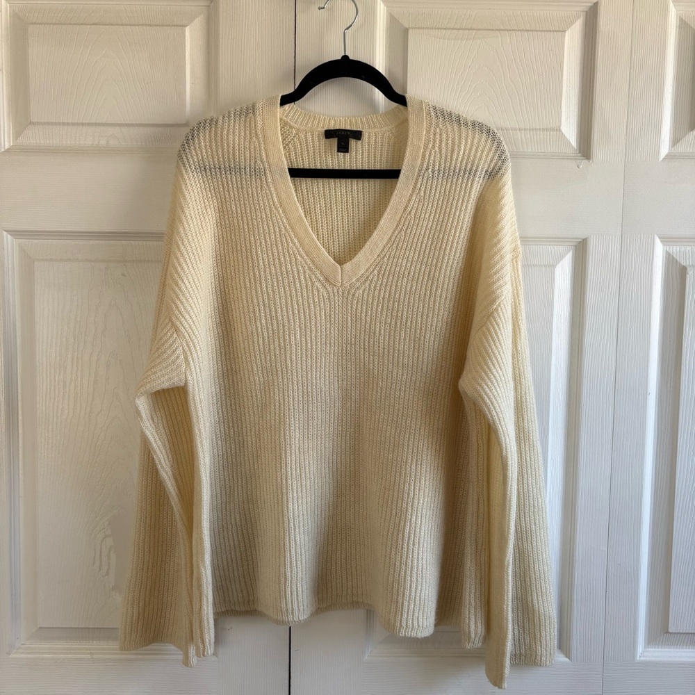 J.Crew Oversized V-neck Sweater Alpaca Wool‎ Blend Ivory XL Fisherman Slouchy